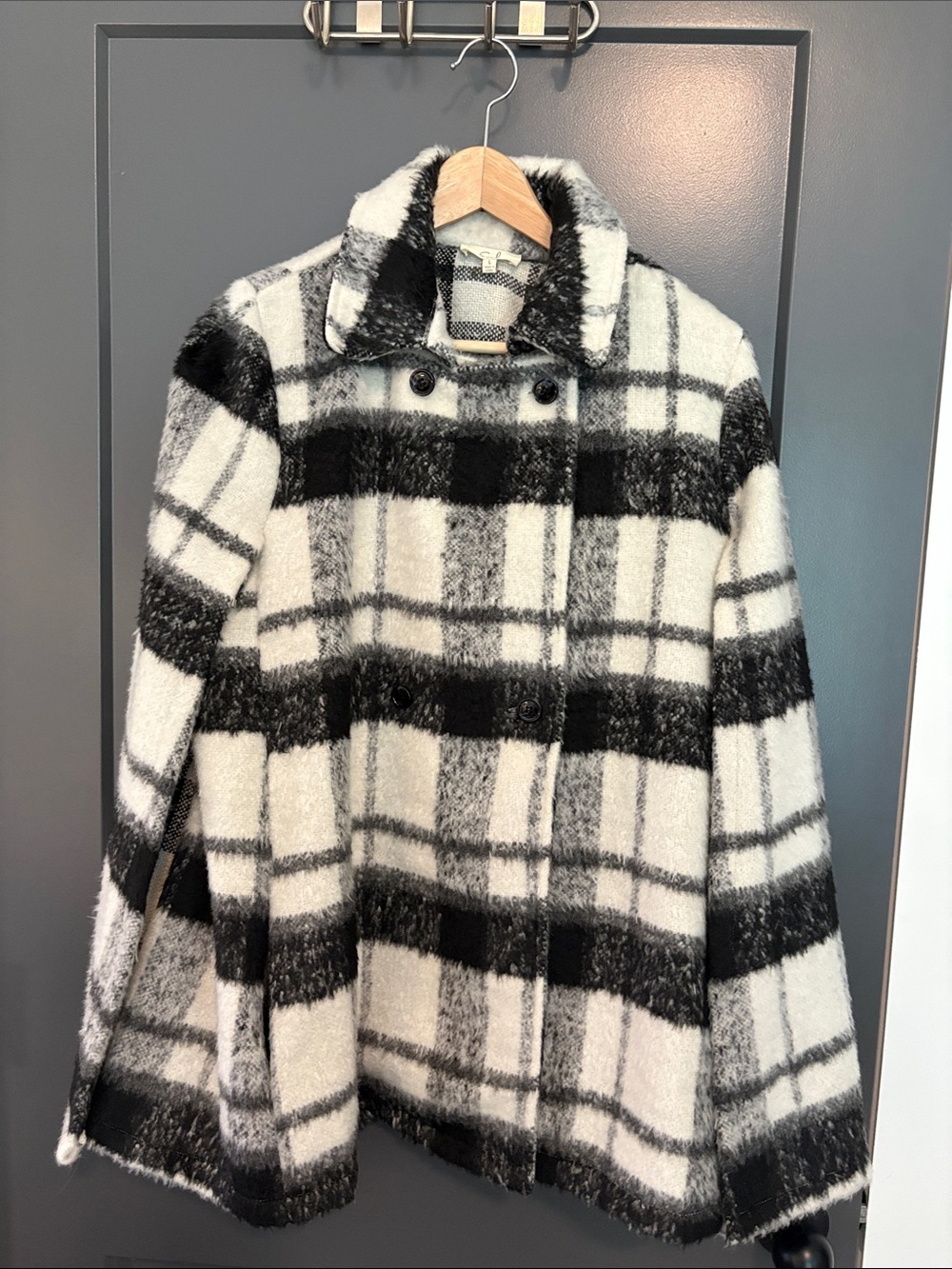 Easel Black & White Plaid Wool-Blend Double-Breasted Cape